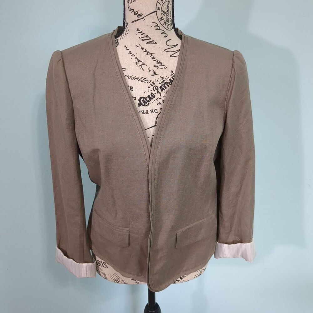 ANN TAYLOR LOFT TAUPE BROWN LINEN BLEND BLAZER JACKET 6 open front office care